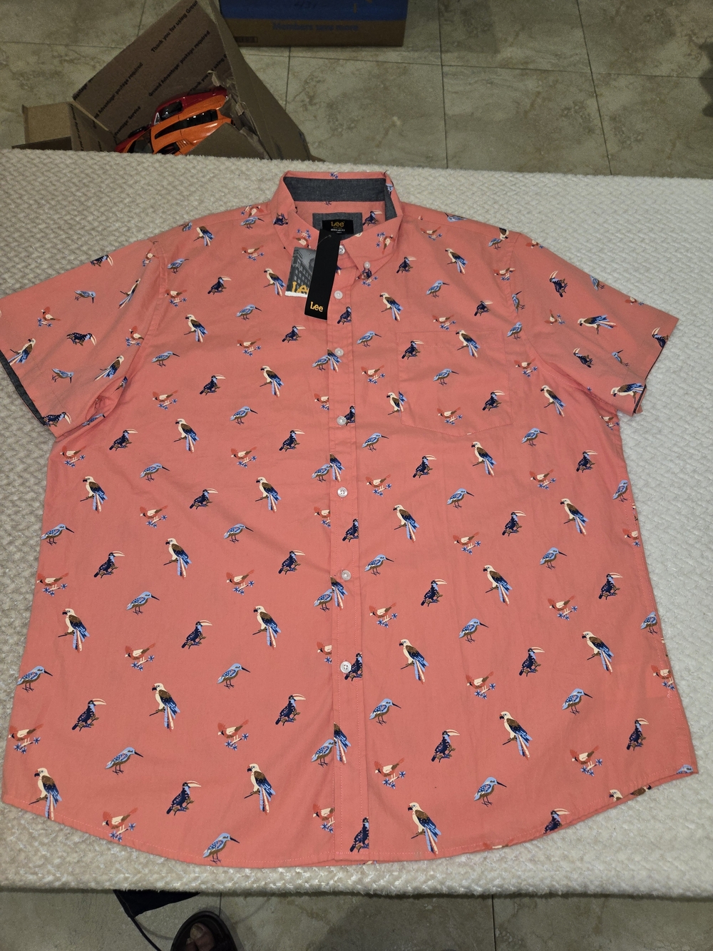 Lee XXL Coral Bird Print Button Up Shirt Cotton Short Sleeve Casual - Picture 13 of 13